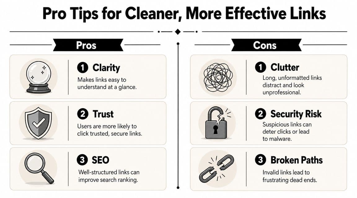 A comparison chart outlining the pros and cons of using clean and effective web links.