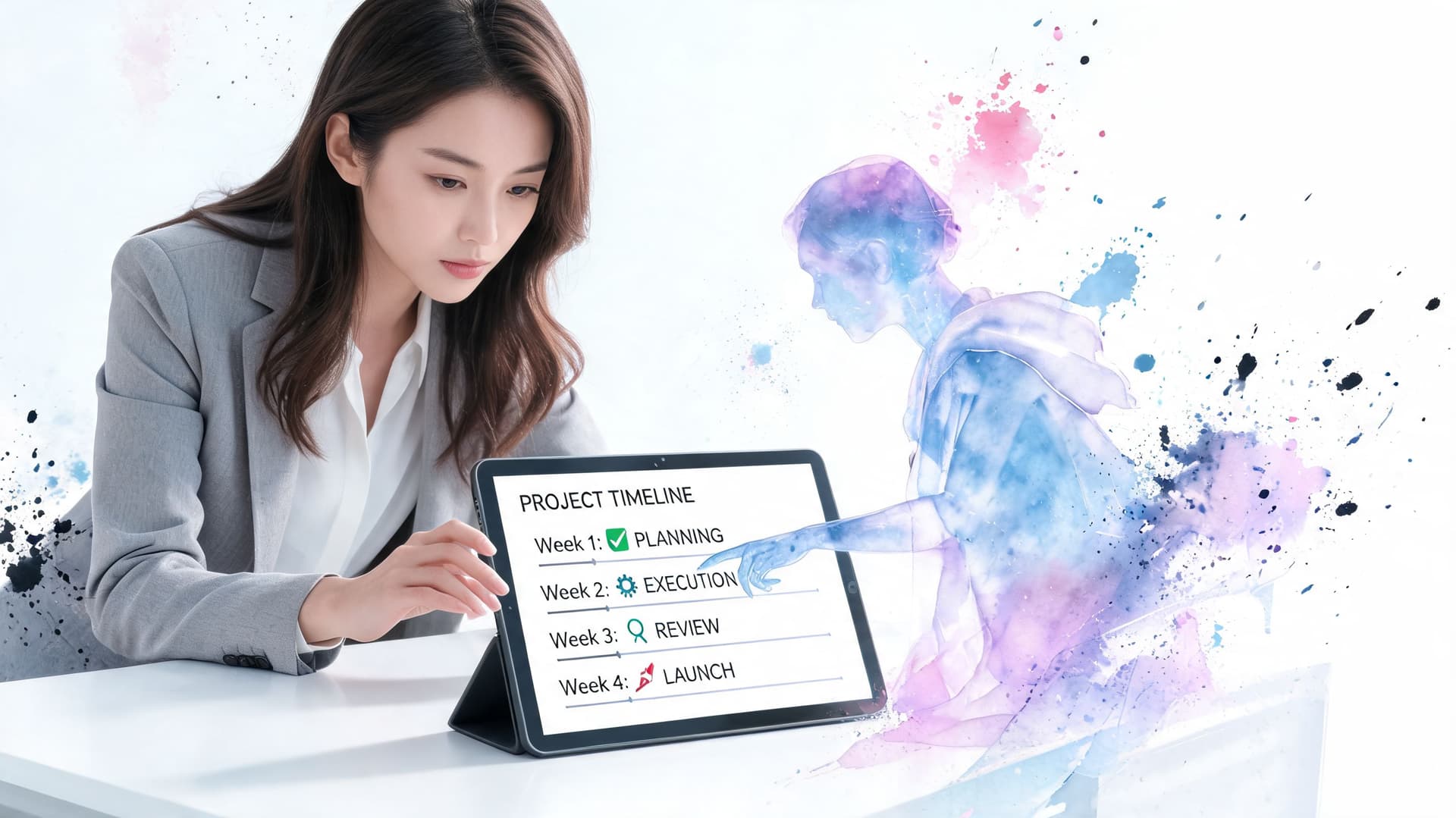 A professional woman uses a tablet while a digital AI representation points at a project timeline.