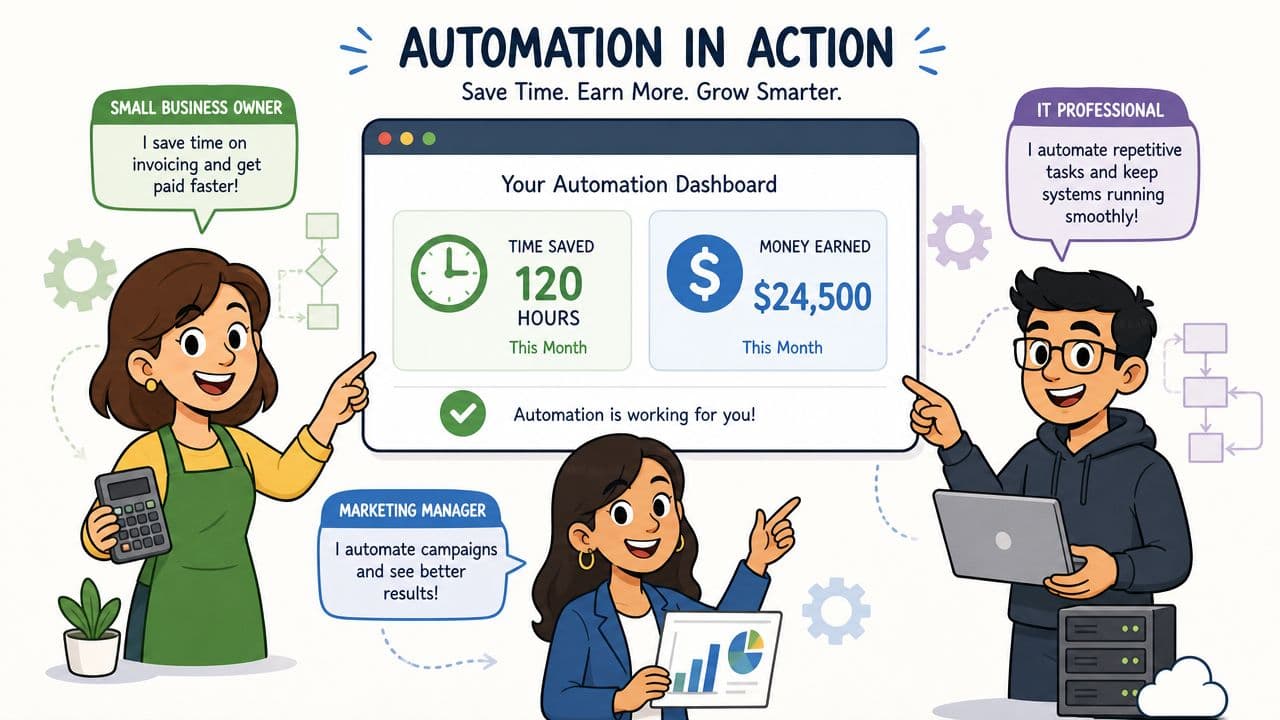 A professional illustration of three diverse business people showcasing automation benefits on a central dashboard interface.