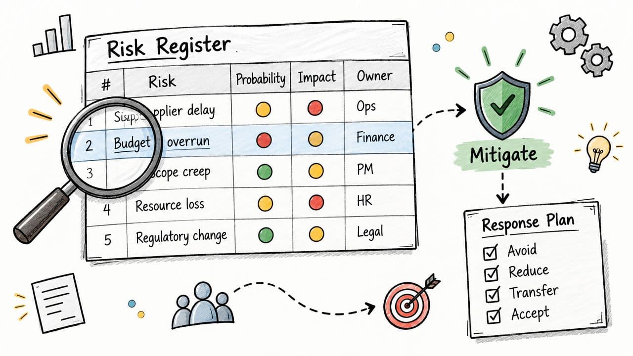 A hand-drawn illustration depicting a project risk register table with a magnifying glass over budget overrun, linked to a mitigation shield and response plan.