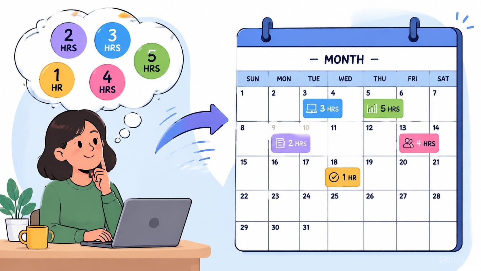 A woman sits at a desk with a laptop, looking at a monthly calendar with time tasks.