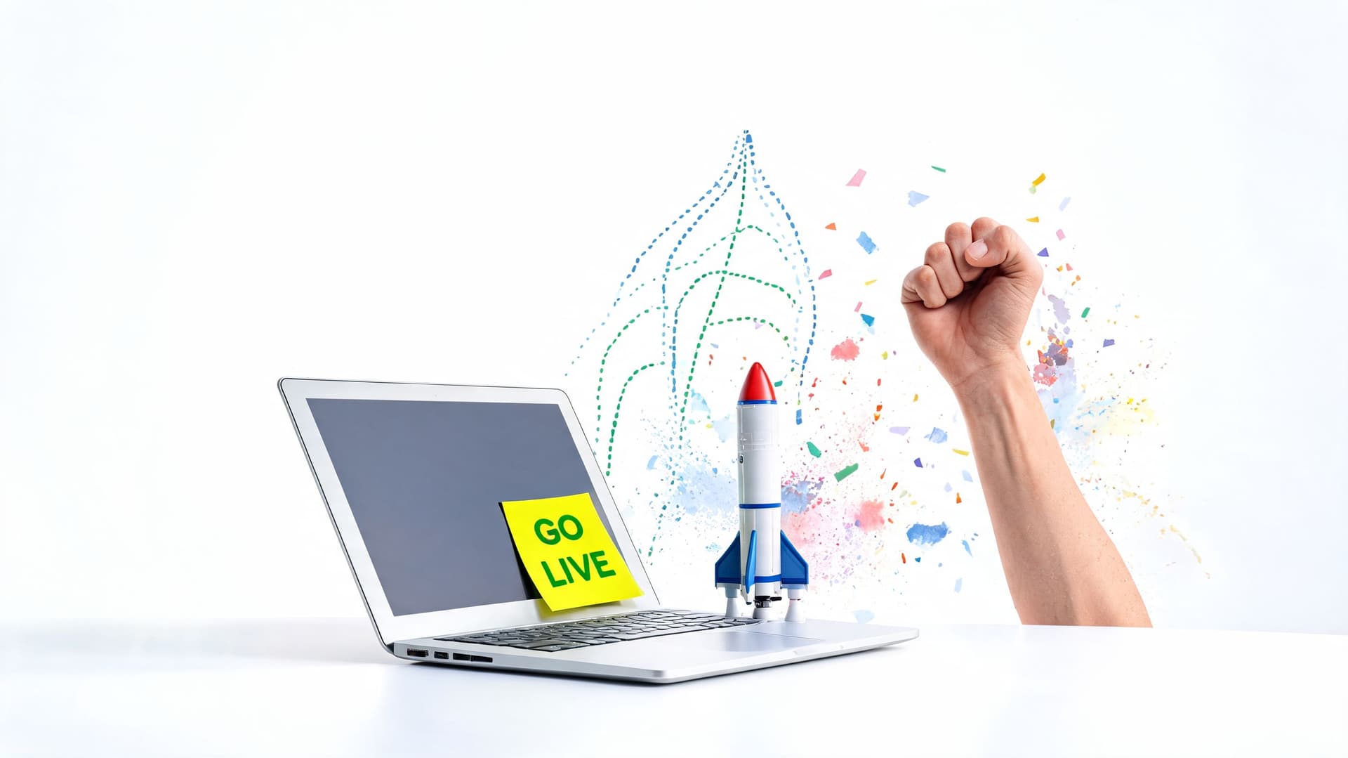 A laptop with a Go Live sticky note and a toy rocket next to a cheering fist