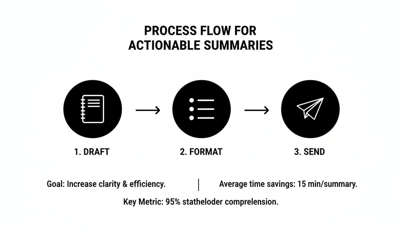 A three-step process flow for creating actionable summaries: Draft, Format, and Send, with related goals and metrics.