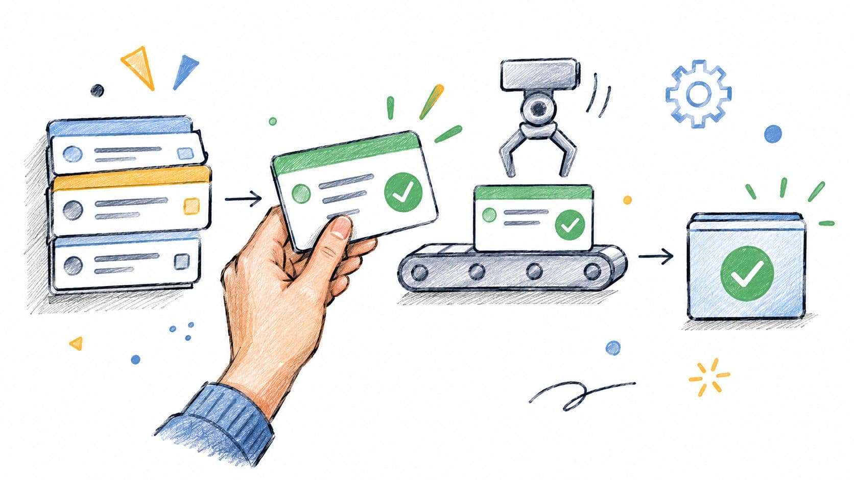 An illustration showing a hand processing and organizing documents on an automated digital conveyor belt system.