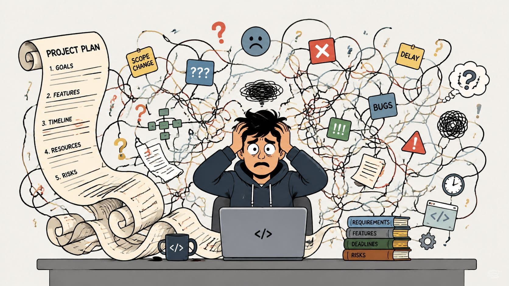 A stressed developer sitting at a computer with tangled thoughts, project plans, and technical challenges.