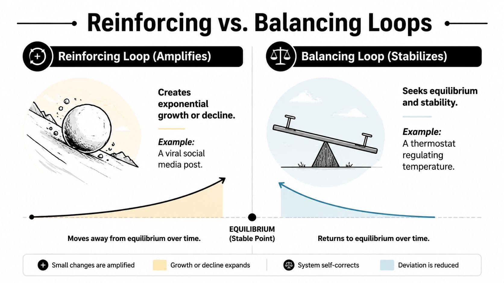 A diagram comparing reinforcing loops, which amplify change, with balancing loops, which stabilize systems toward equilibrium.