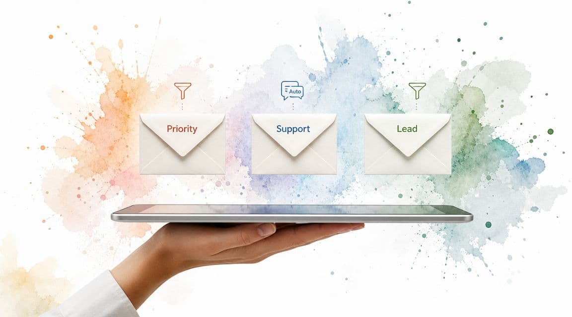 A hand holding a digital tablet with three envelope icons labeled Priority, Support, and Lead floating above.