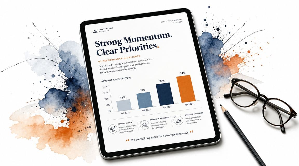 A digital tablet displaying an executive business briefing report, surrounded by artistic watercolor splashes and glasses.