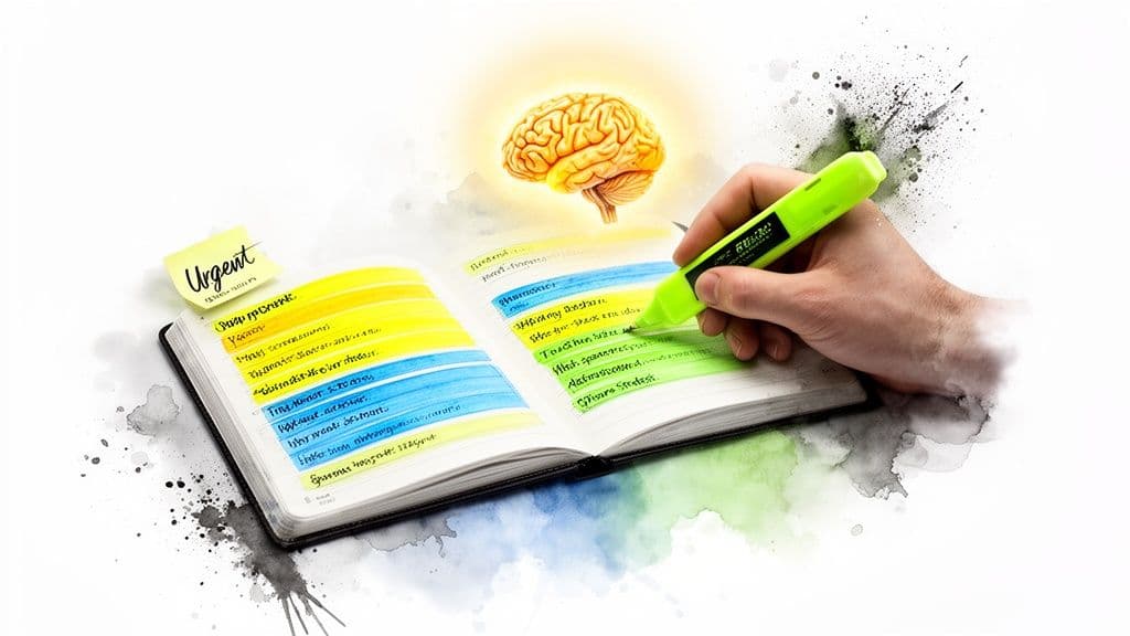 A hand highlights color-coded notes in a journal with an urgent sticky note and a glowing brain above.