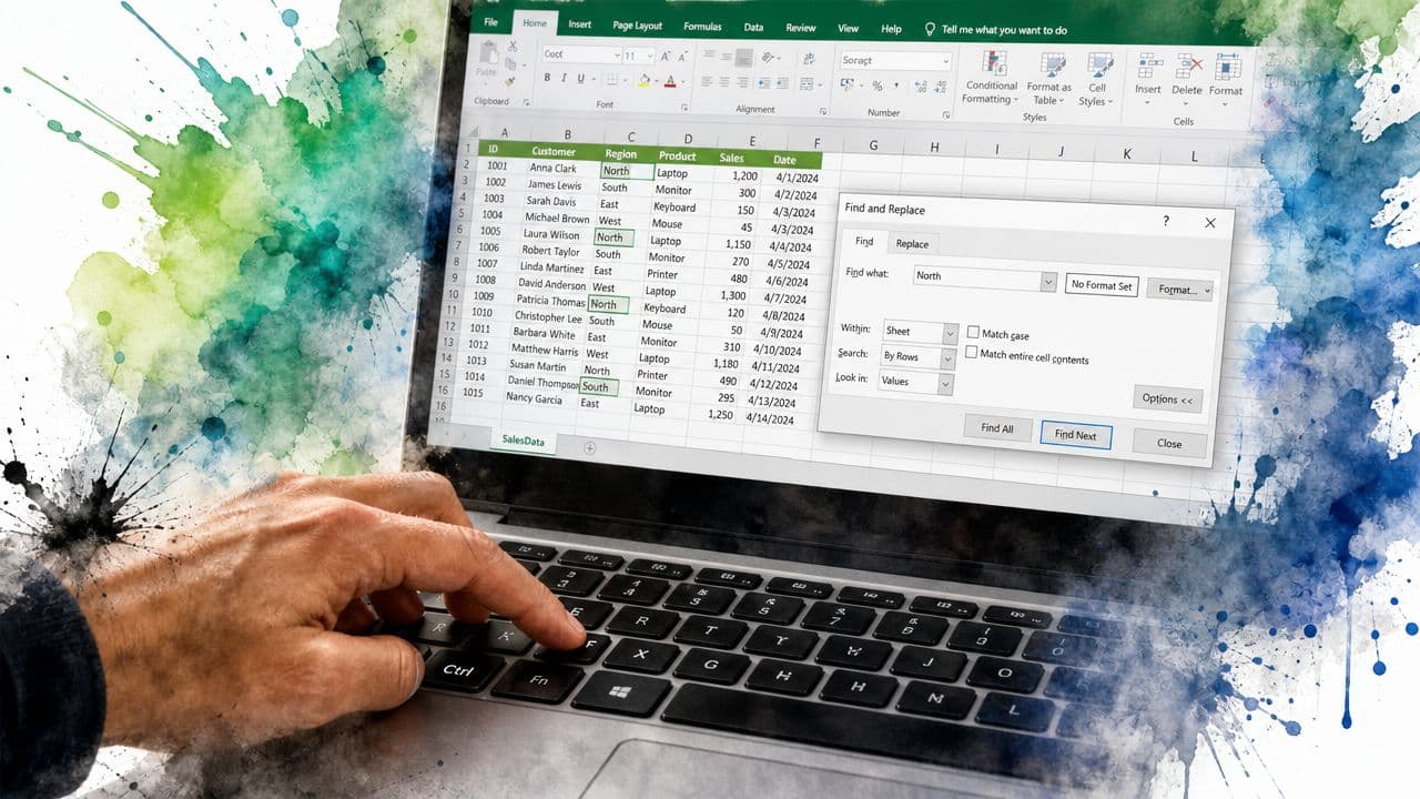 A person using a laptop to perform a search function in a Microsoft Excel spreadsheet interface.