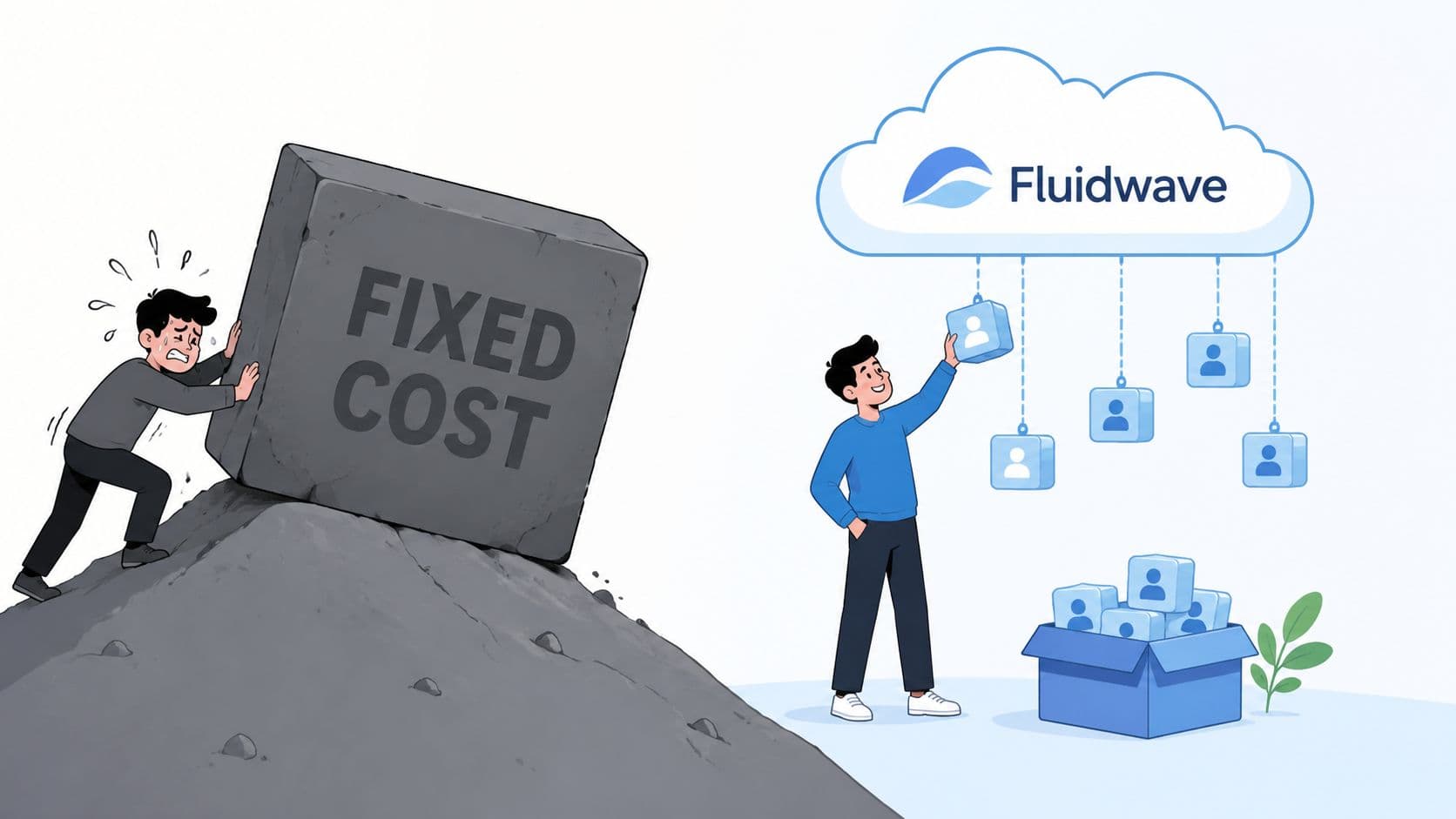 A contrast illustration showing a man struggling with a heavy fixed cost block versus a flexible cloud system.