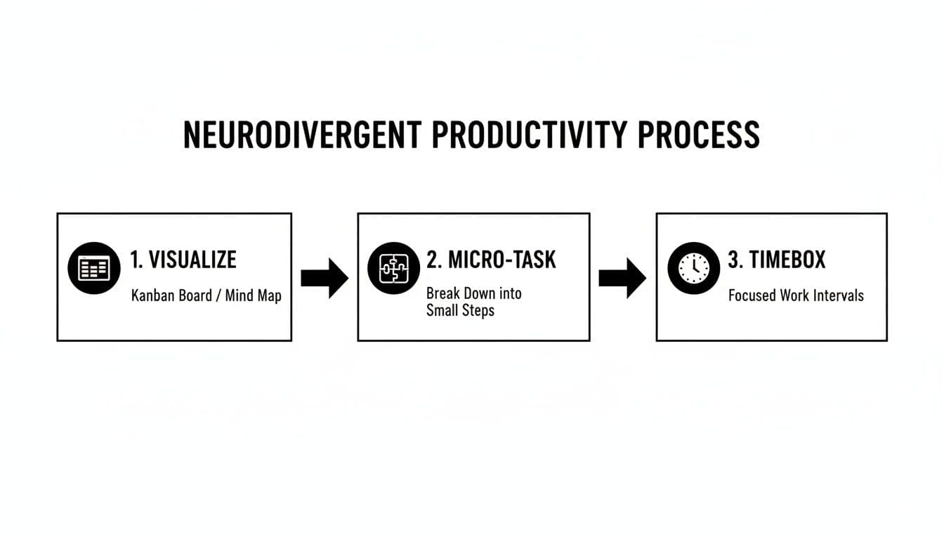 Diagram showing a 3-step neurodivergent productivity process: visualize, micro-task, and timebox.