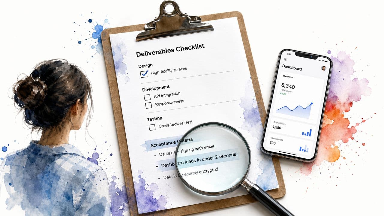A woman looks at a clipboard containing a project deliverables checklist and a mobile app dashboard.