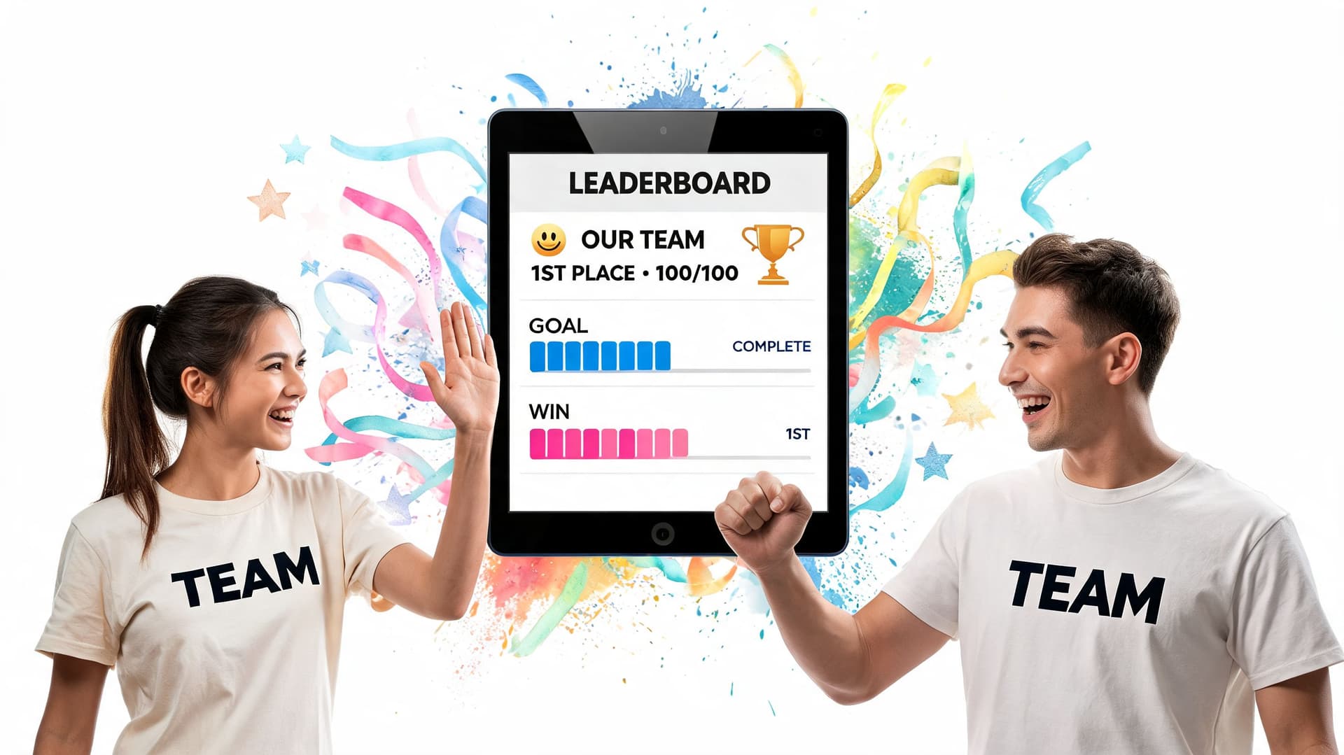 A man and a woman celebrating success together while looking at a tablet showing a leaderboard.