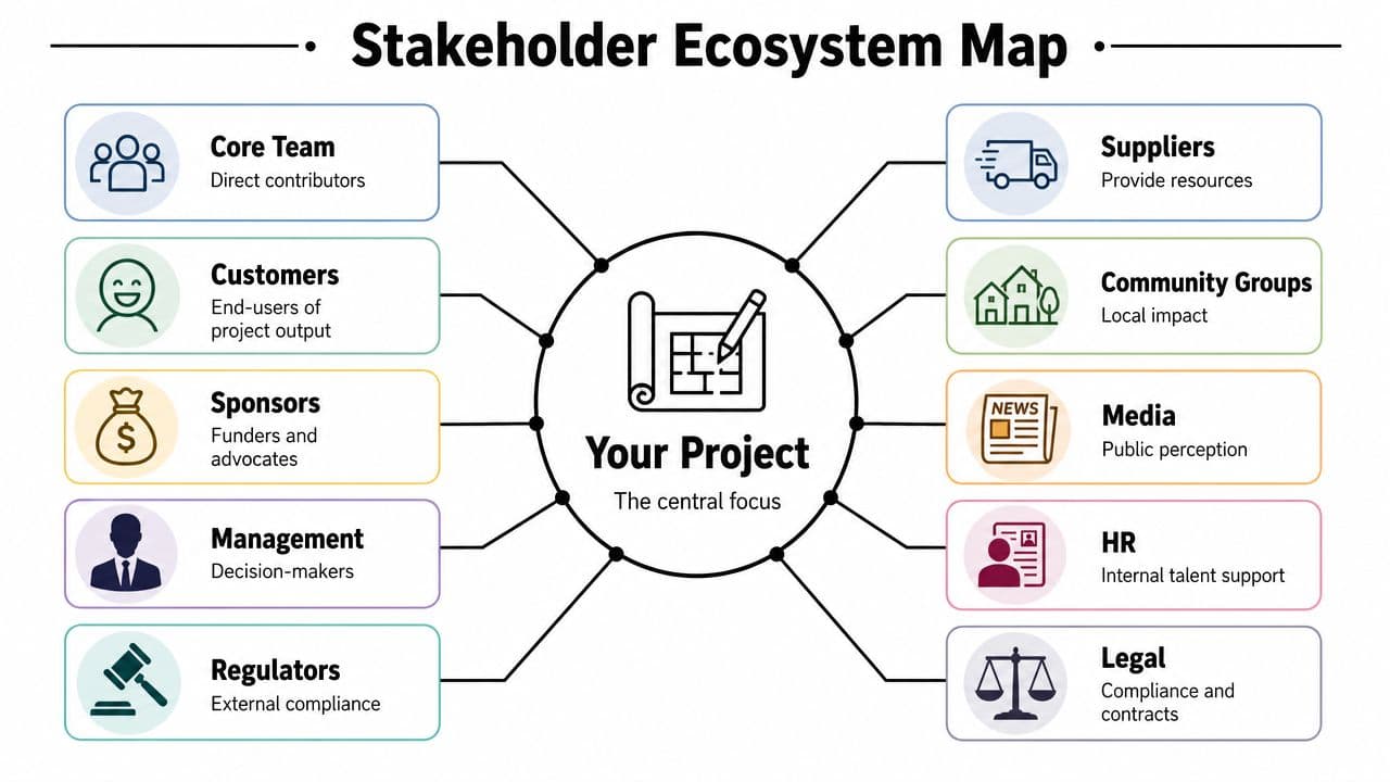 A diagram illustrating a stakeholder ecosystem map with various groups connected to a central project.