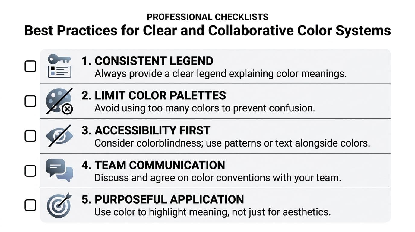 A professional checklist outlining five best practices for creating clear and collaborative color coding systems.