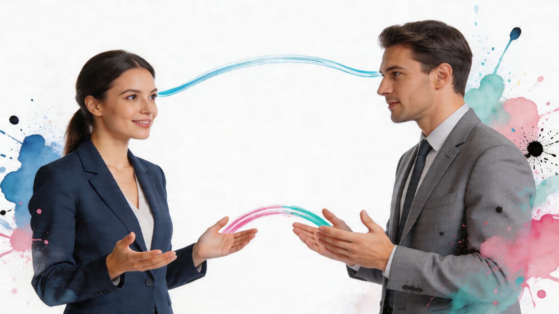 A professional man and woman in business attire having a friendly conversation with colorful abstract paint splatters.