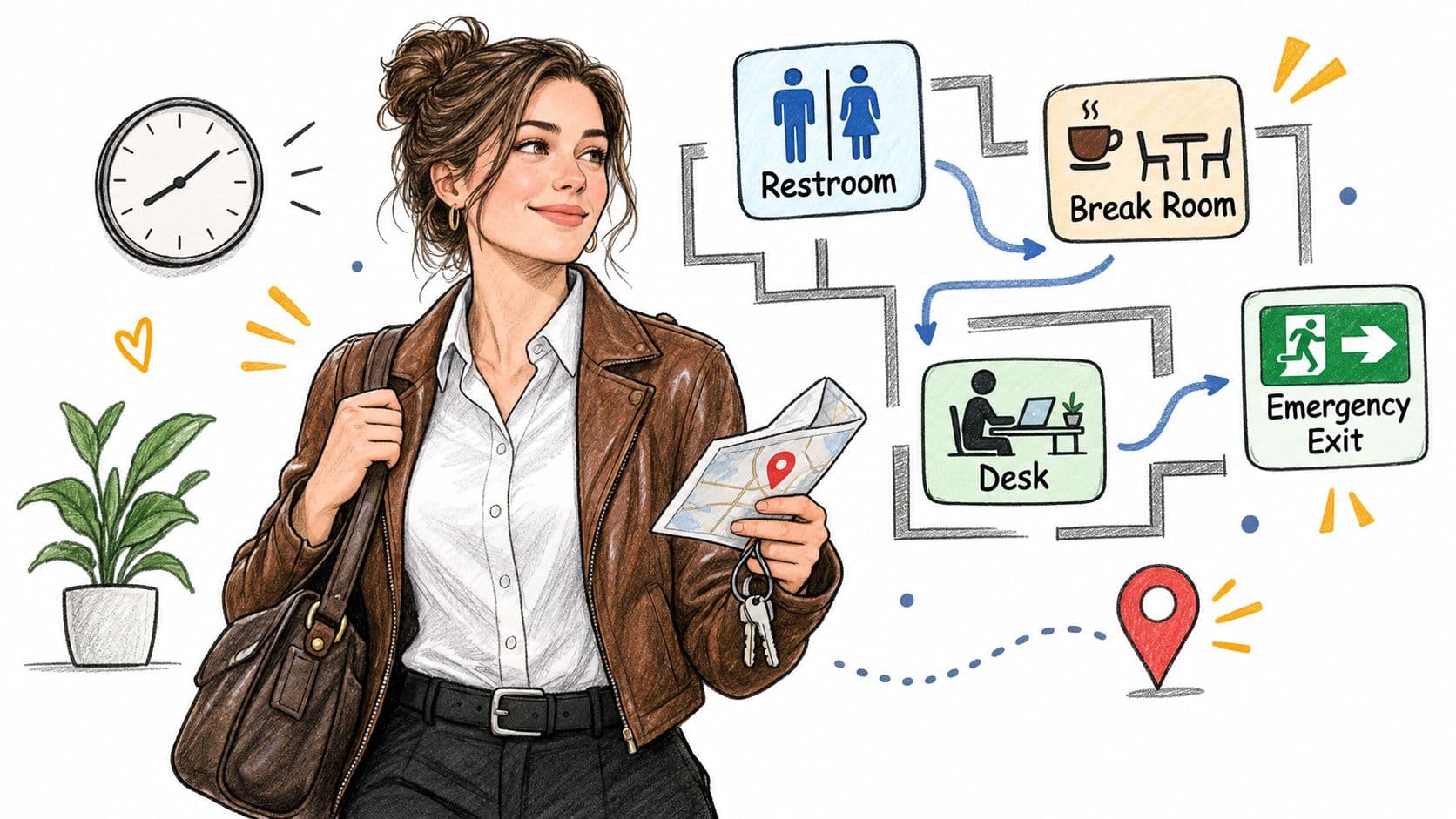 A professional woman holding a map and keys, standing before an illustrated navigation guide of an office building.