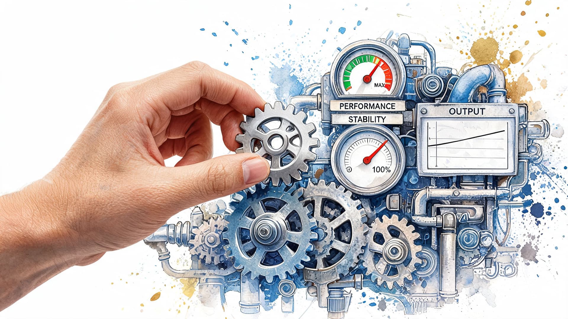 A hand placing a gear onto a complex machine with performance and stability gauges
