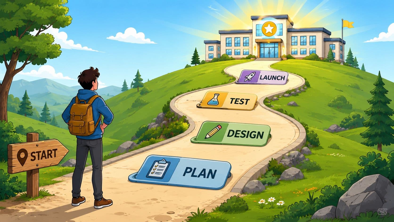 A person standing on a path with steps showing a project lifecycle of planning, designing, testing, and launching.