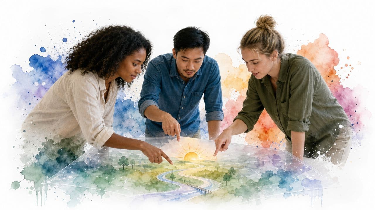 A diverse team of three professionals collaborating on a map project using a large digital table display.