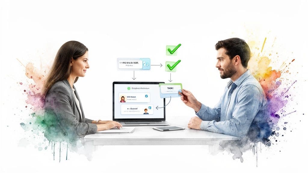 Two people collaborating on a laptop with a task management interface and workflow visuals.