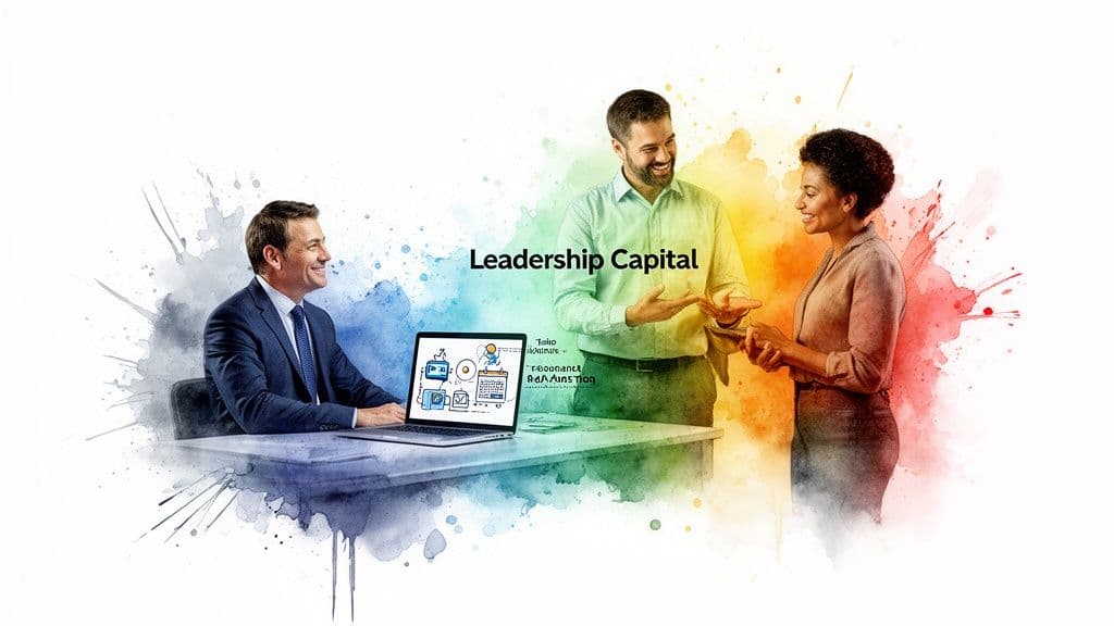 Three business professionals discussing leadership capital, with a man at a laptop.