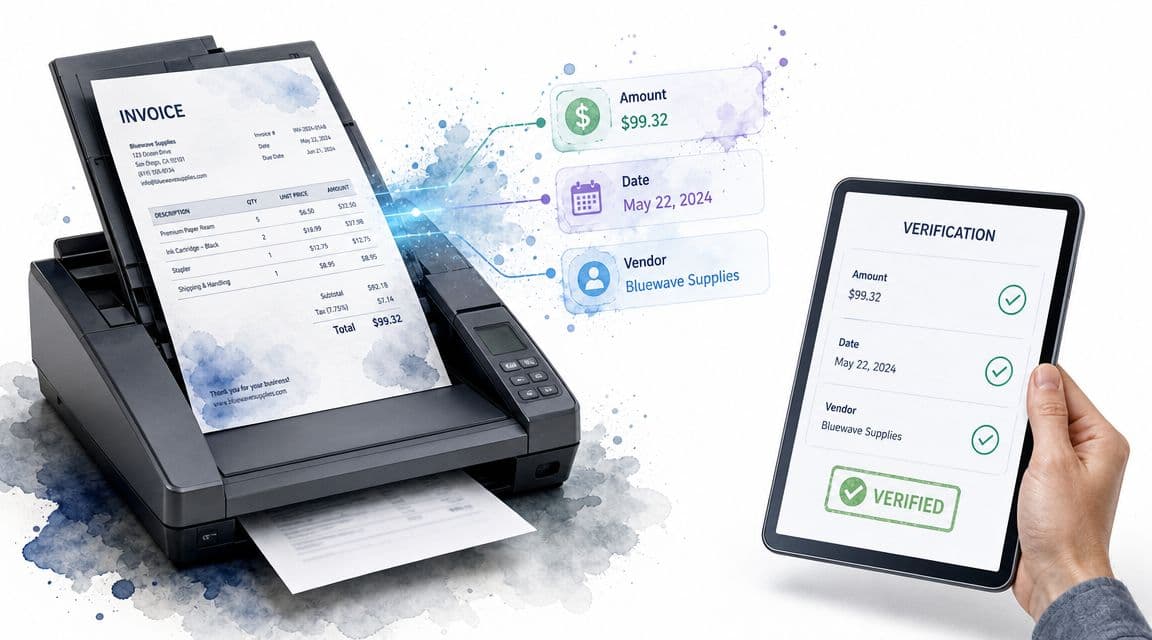 A document scanner digitizing an invoice with digital verification data displayed on a nearby tablet screen.