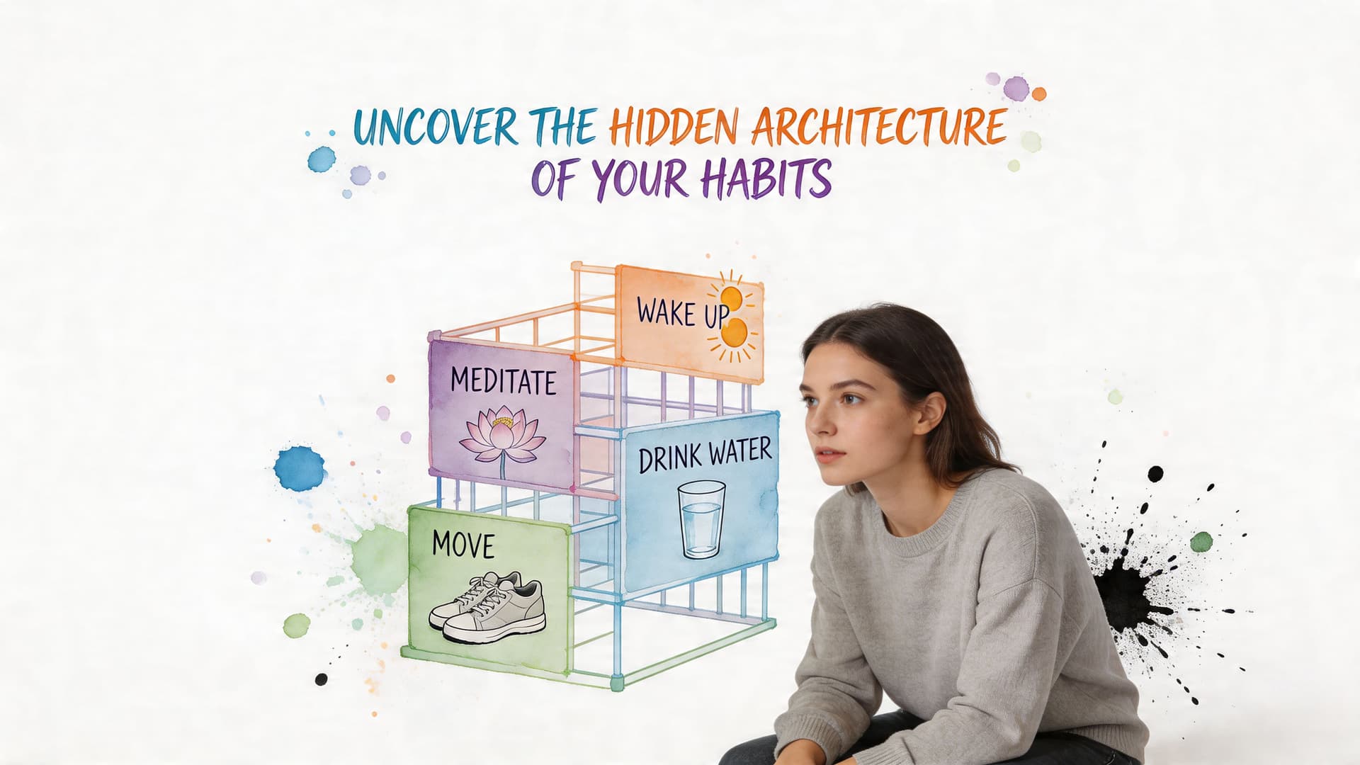 A young woman looks at an illustrated 3D grid structure displaying various healthy daily habit concepts.
