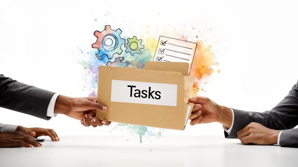Two business hands exchanging a 'Tasks' folder, with colorful gears and a checklist.