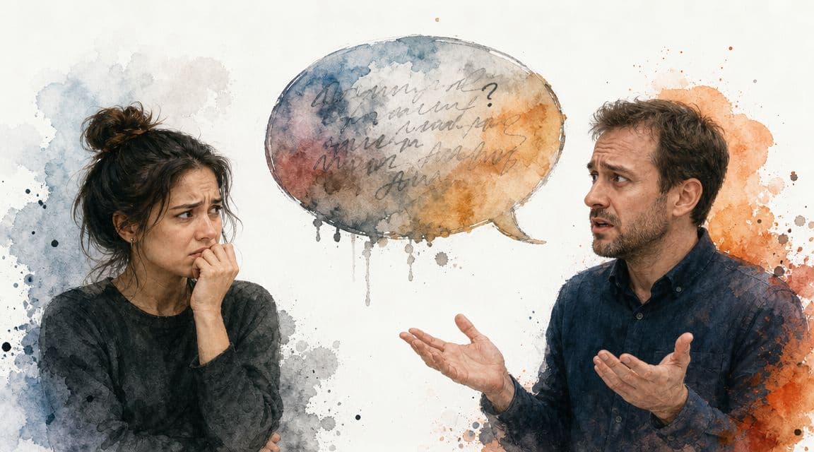 A woman looks anxious and uncertain while a man speaks with expressive hand gestures during a tense conversation.