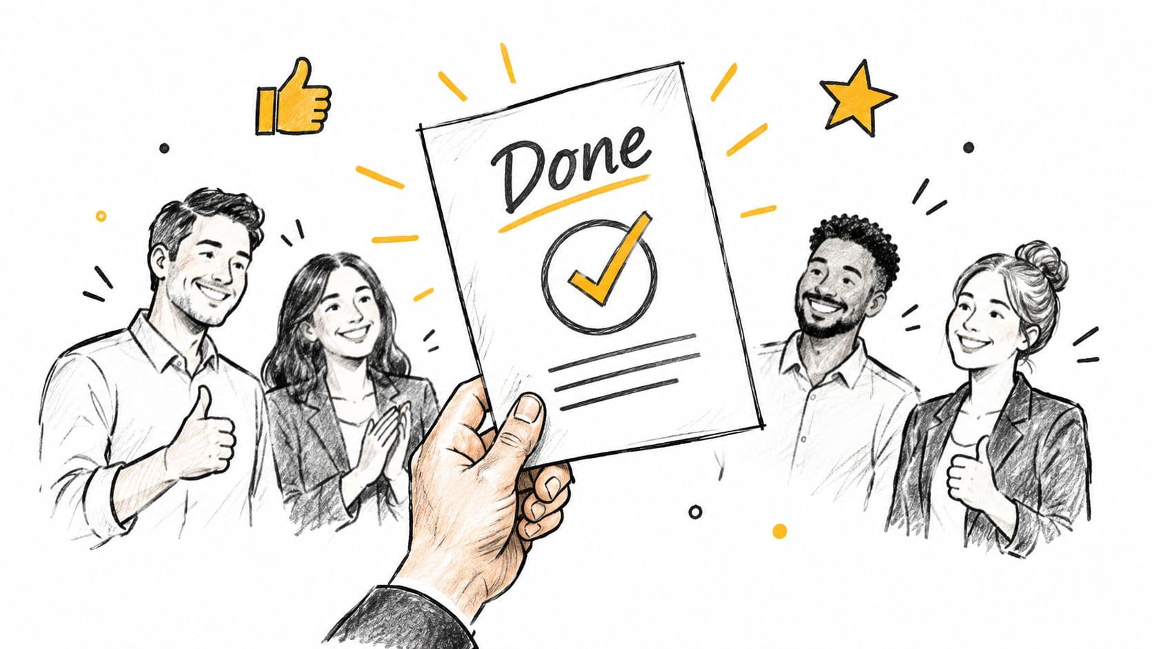 A hand holds a paper with a checkmark and the word Done while four colleagues celebrate success.