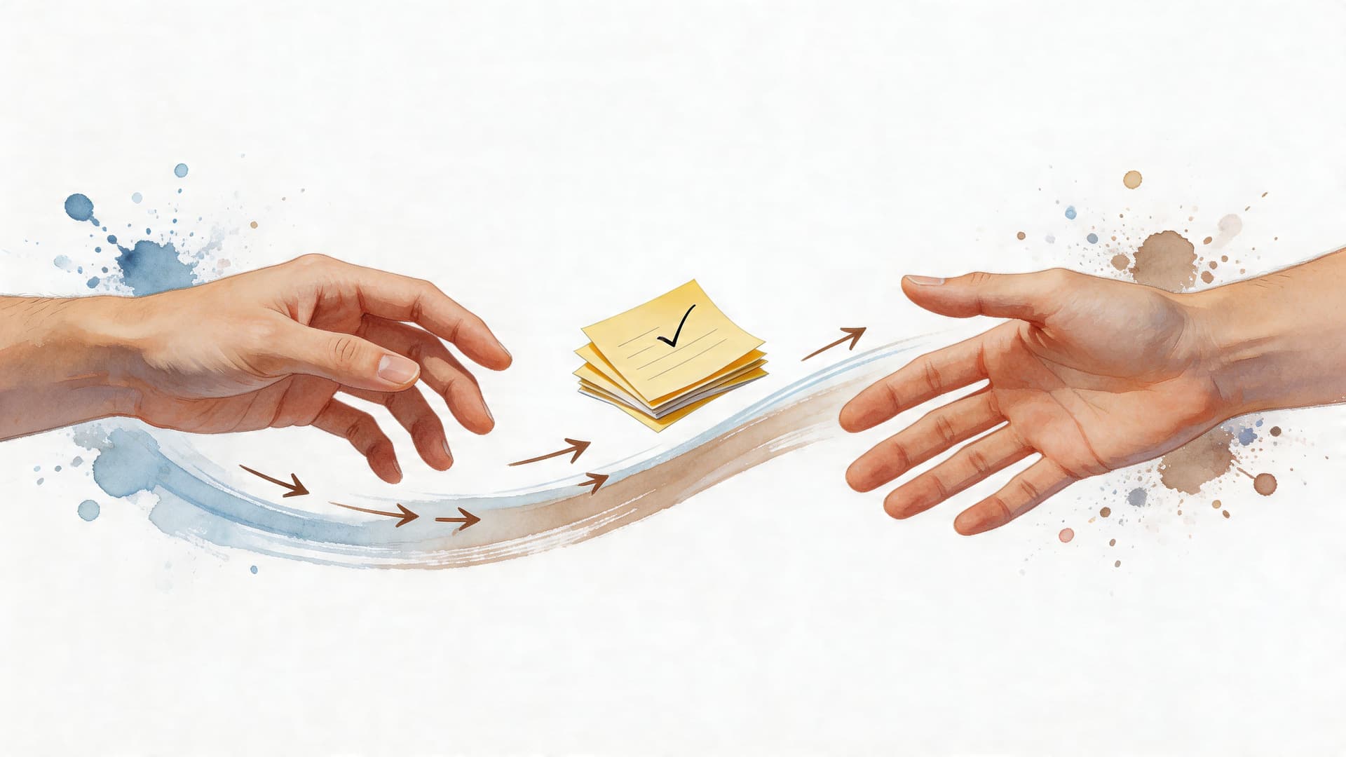 Two hands reaching towards a stack of yellow sticky notes with a checkmark on a watercolor background.