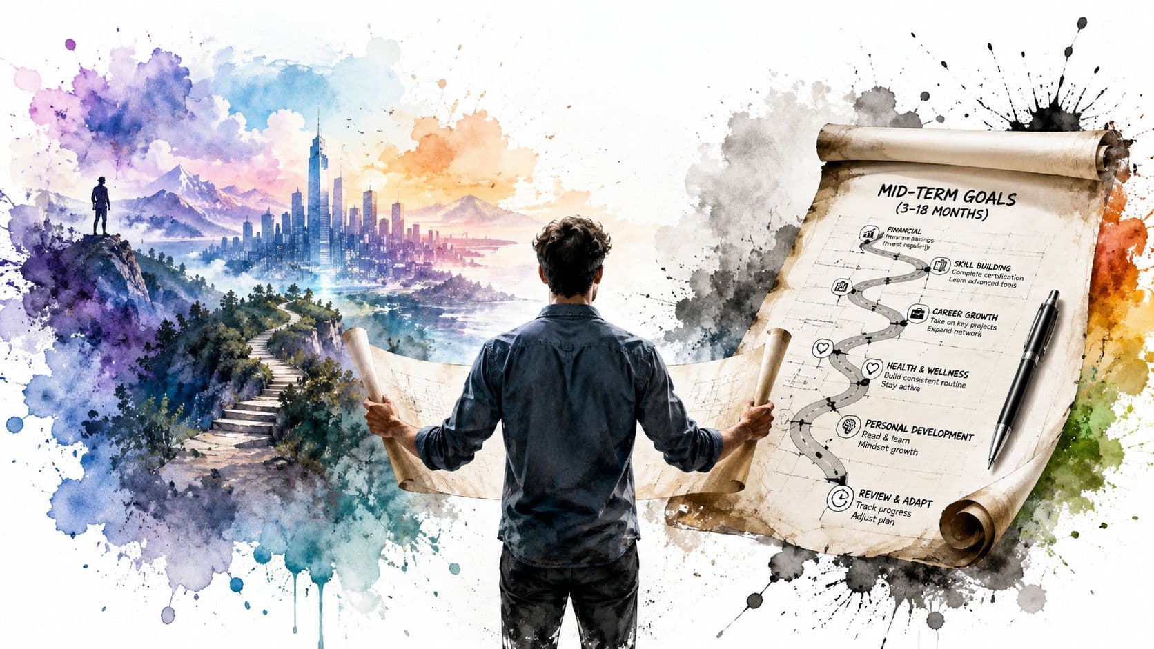 A man looking at a map of a city while holding a scroll listing mid-term career goals.