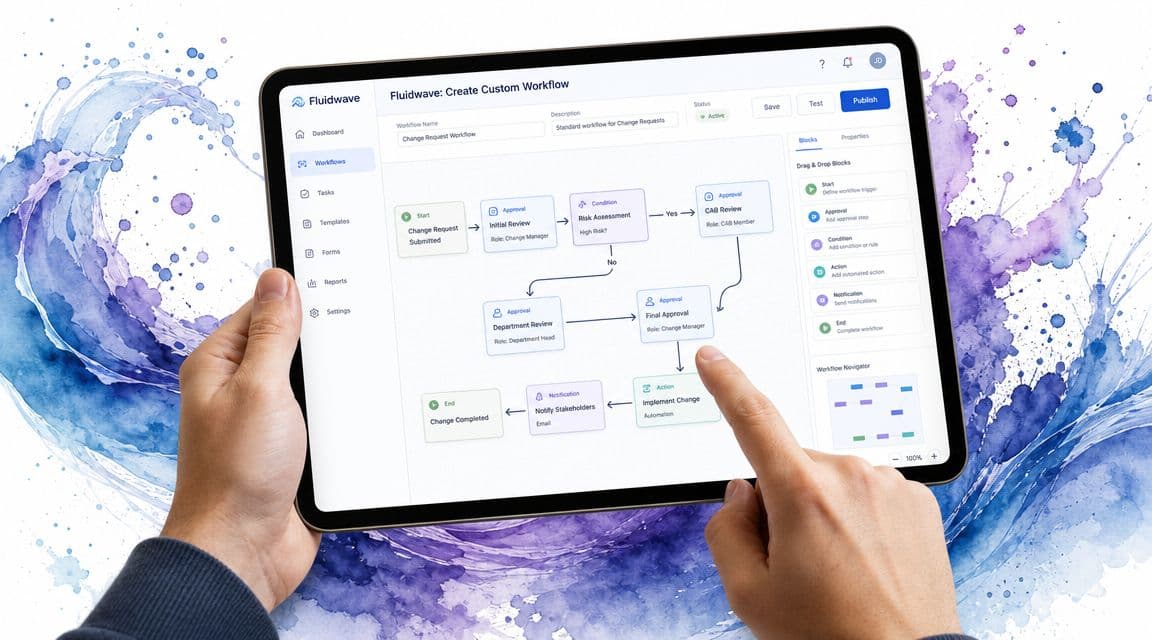 A person using a tablet to design a custom change request workflow on the Fluidwave software platform.