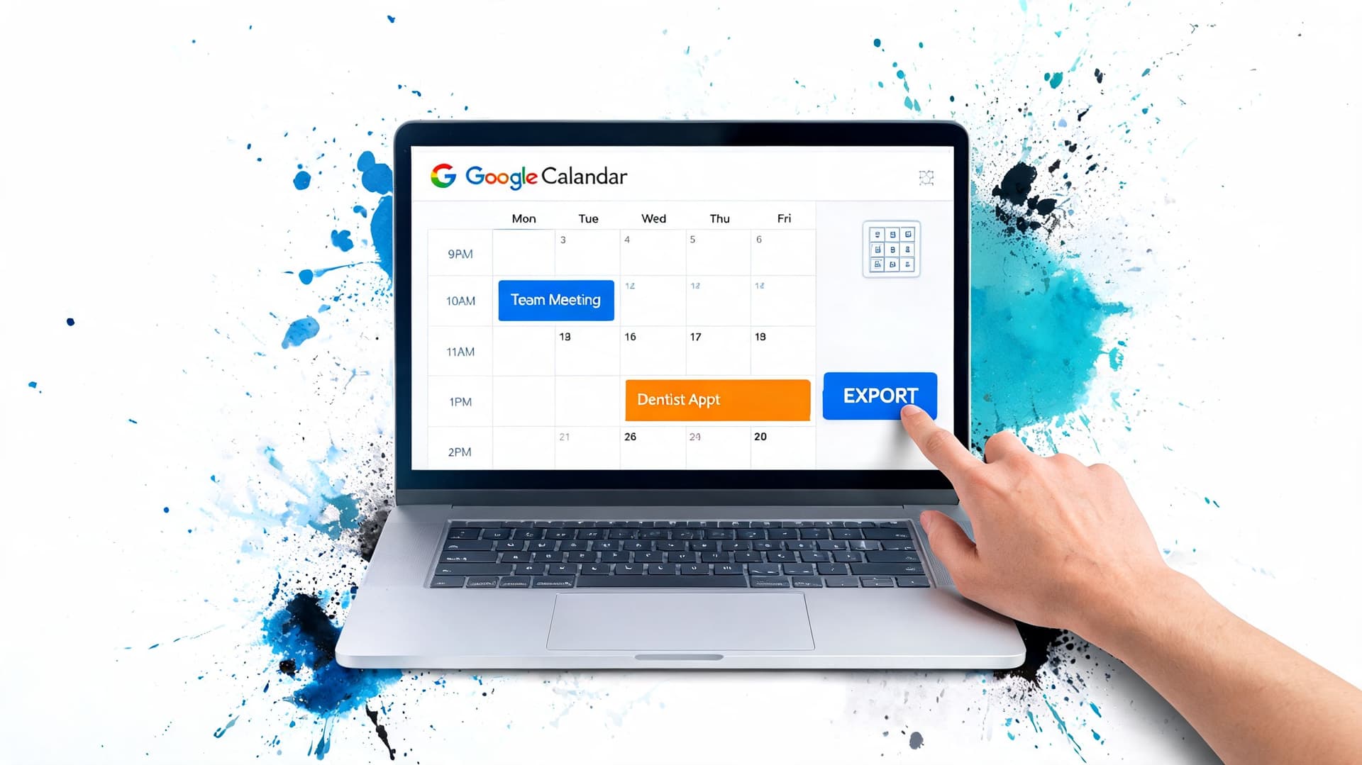 A hand clicking an export button on a Google Calendar interface displayed on a laptop screen.