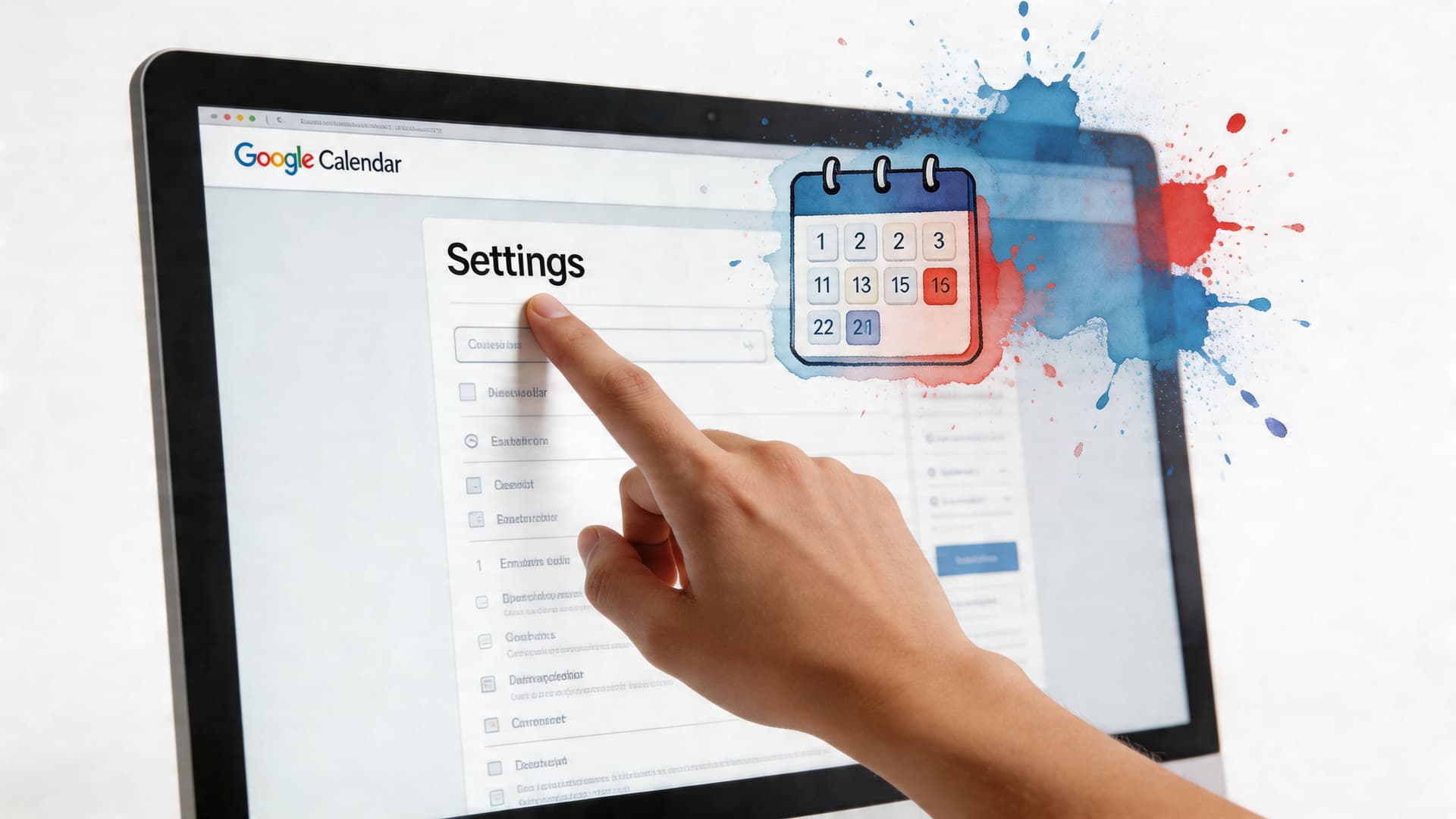 A hand pointing at the settings menu on a computer screen displaying the Google Calendar interface.