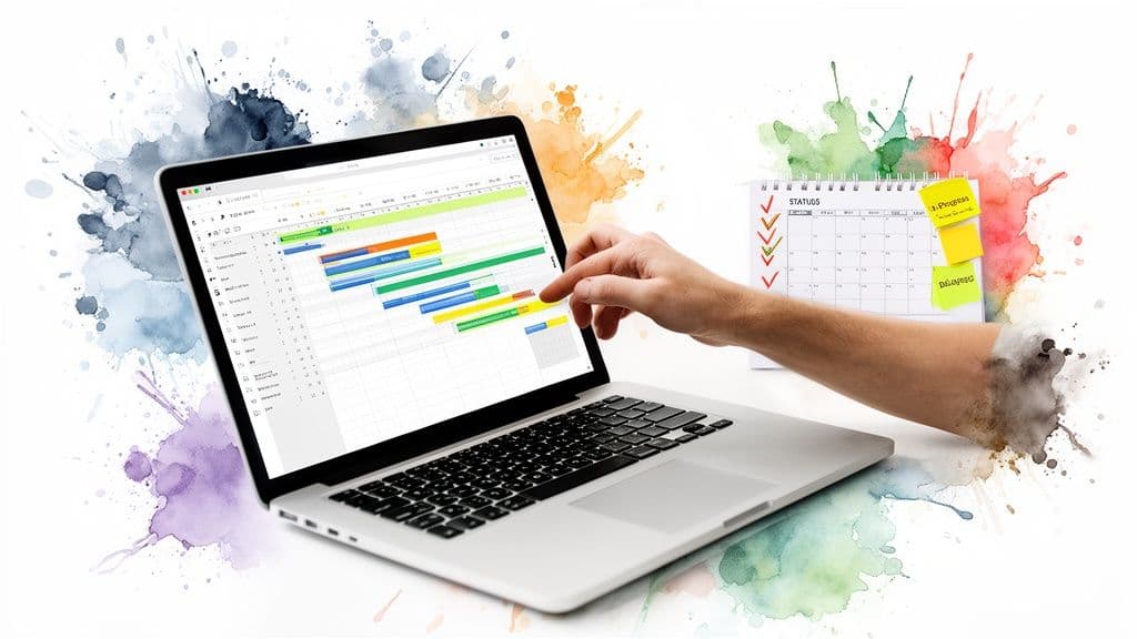 A hand interacting with a laptop showing a Gantt chart, with a calendar and status notes.