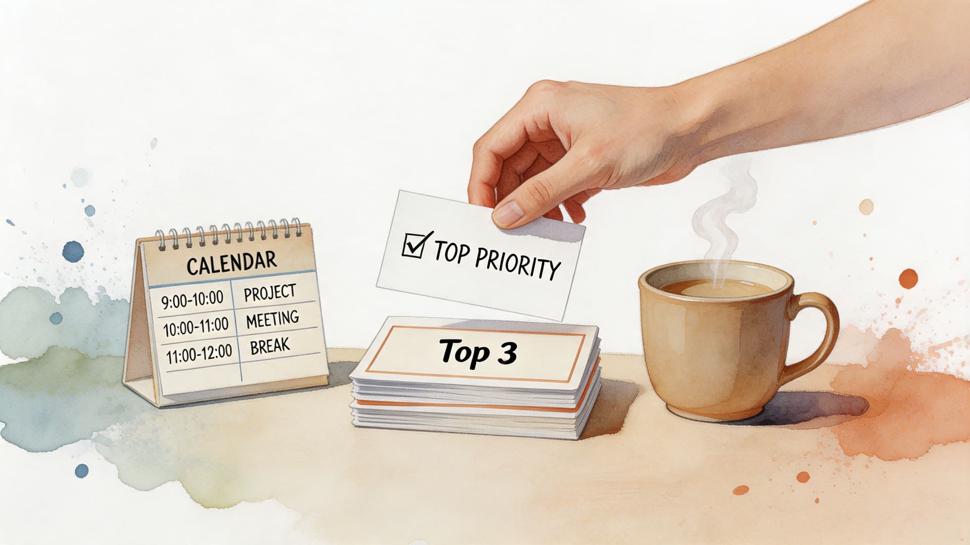 A hand placing a Top Priority card on a desk next to a daily schedule calendar and coffee.