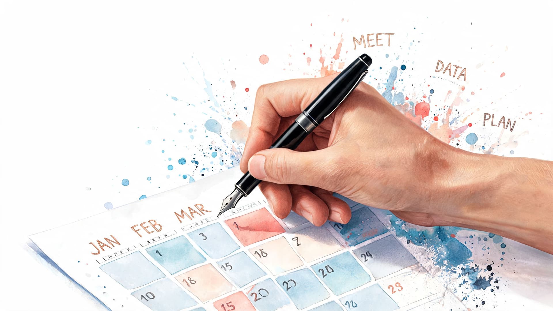 A hand holding a fountain pen writing on a watercolor style calendar page planning business tasks.