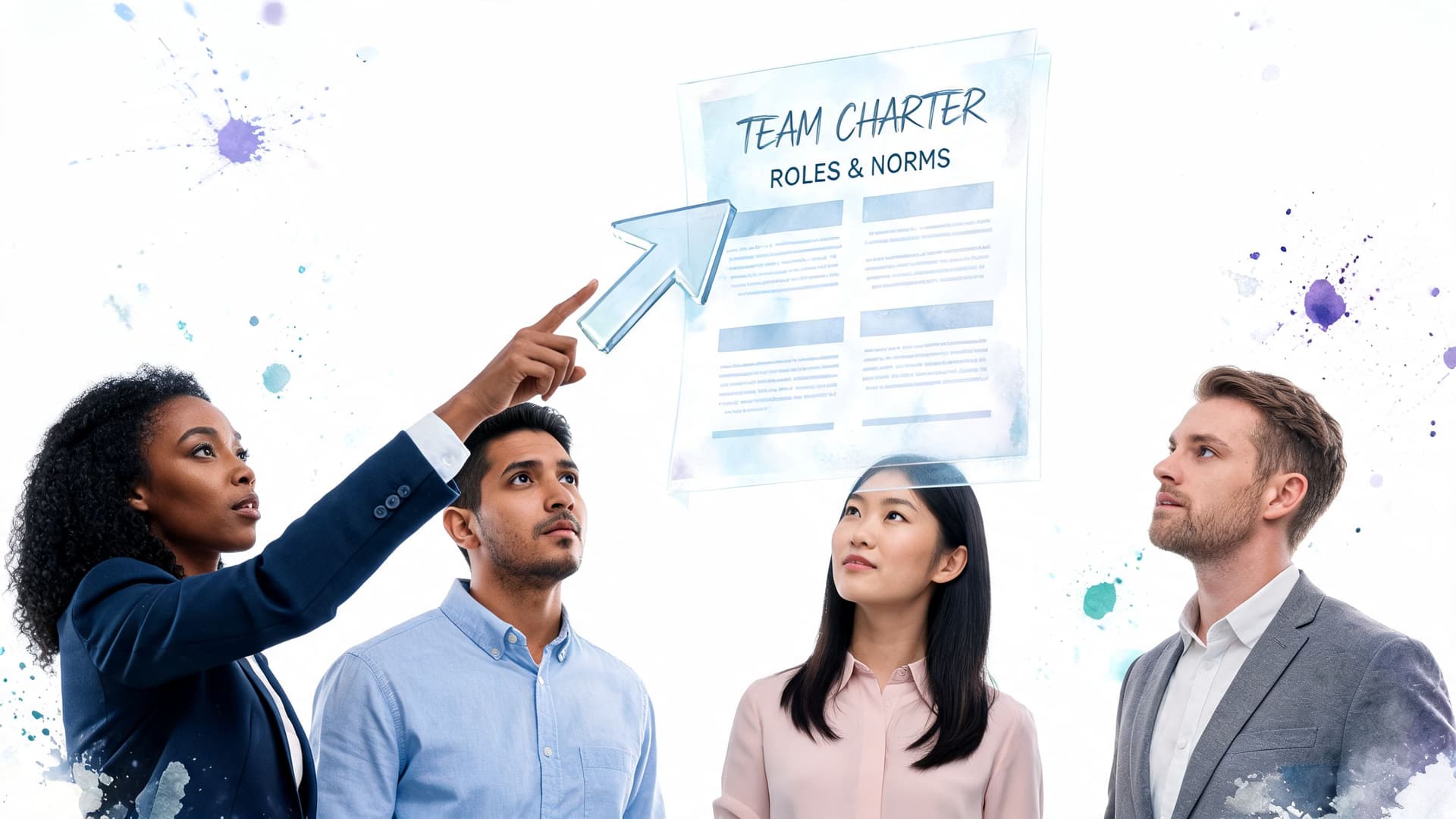 A diverse group of professionals looking up at a virtual Team Charter document pointing to project norms.