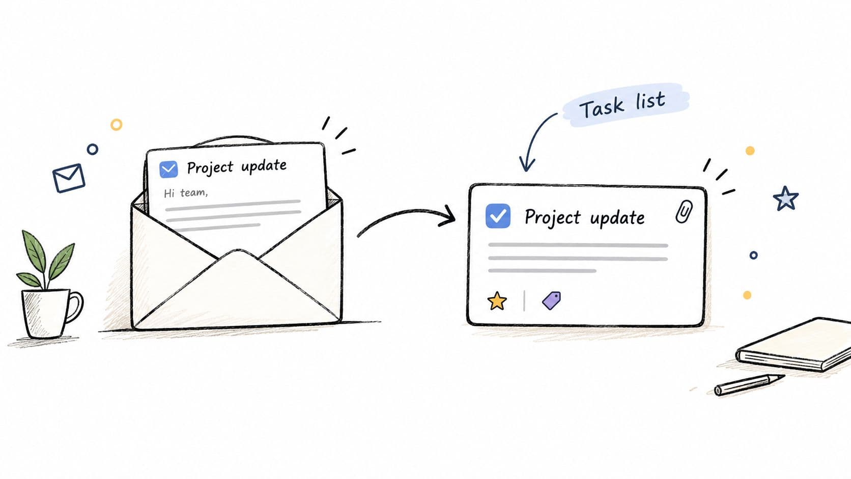 An illustration showing an email being converted into a digital task list for project management workflow automation.