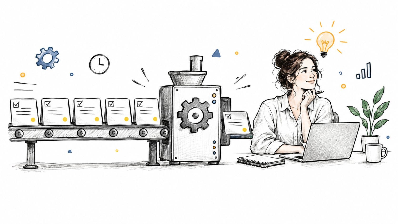 A businesswoman sitting at a desk with a laptop next to an automated assembly line with documents.
