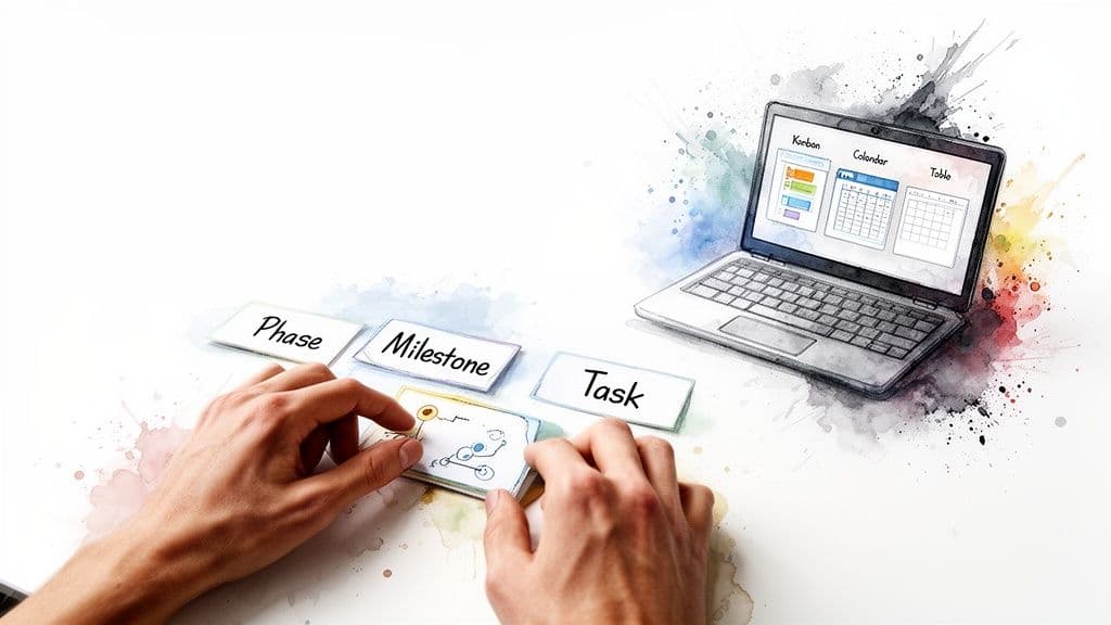Hands arrange physical cards for project phases, milestones, and tasks next to a laptop showing digital project management tools.