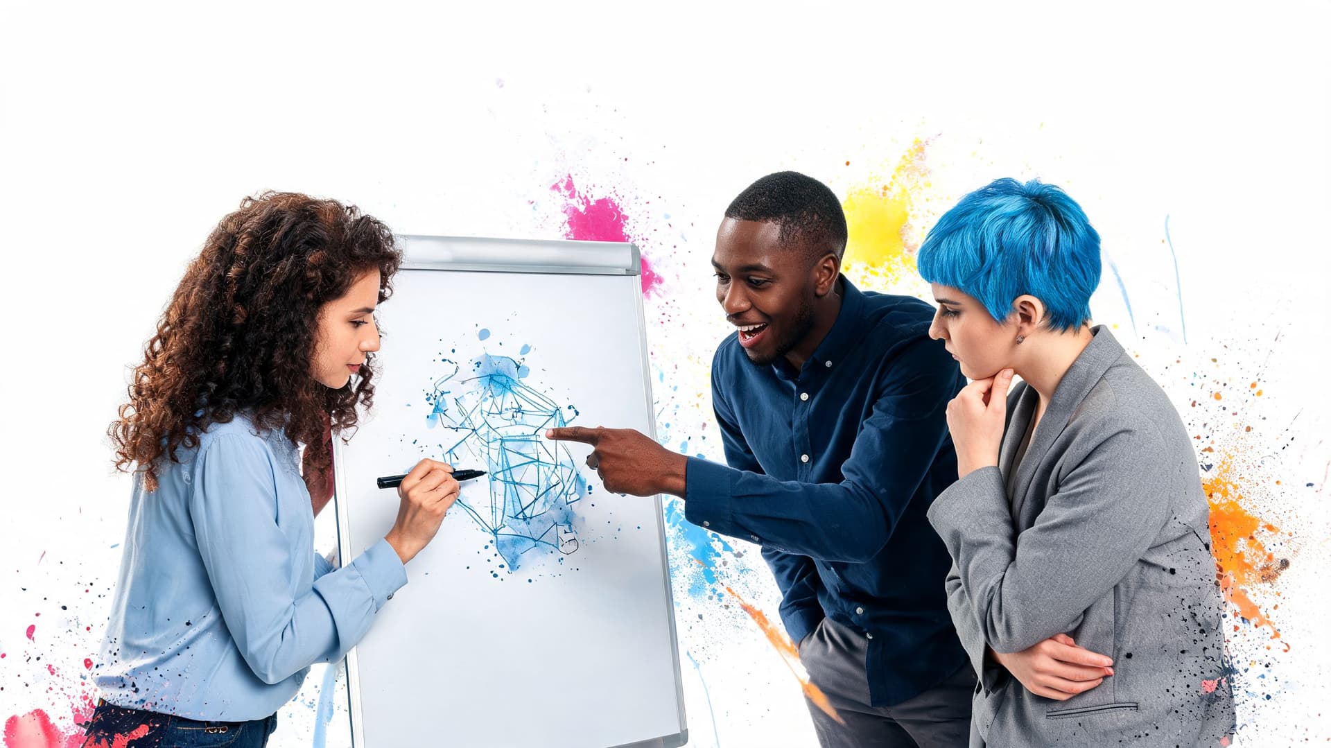 A diverse team of professionals brainstorming ideas on a whiteboard with artistic paint splashes in the background.
