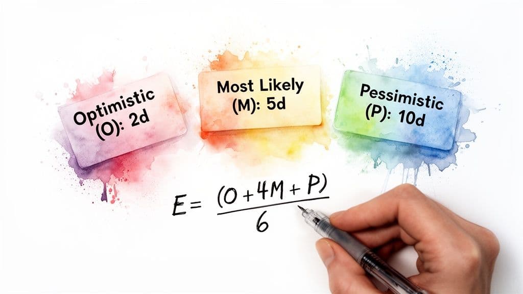 A hand writes the PERT formula for calculating expected duration with optimistic, most likely, and pessimistic estimates.