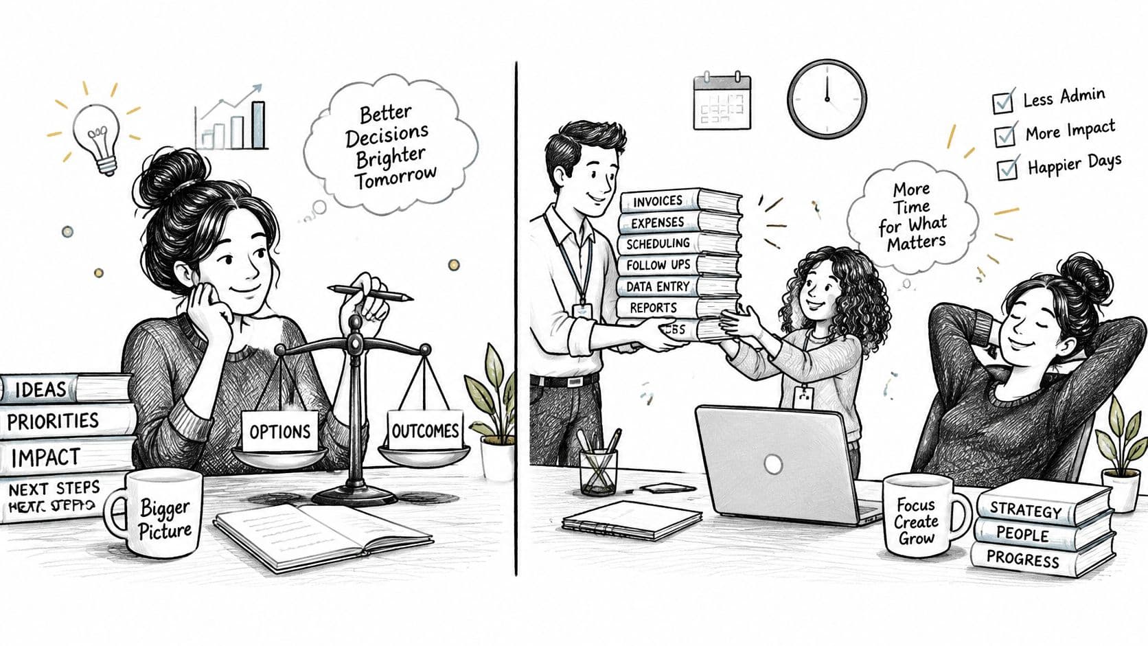 An illustration contrasting busy administrative tasks with a strategic, focused approach for better work motivation and productivity.