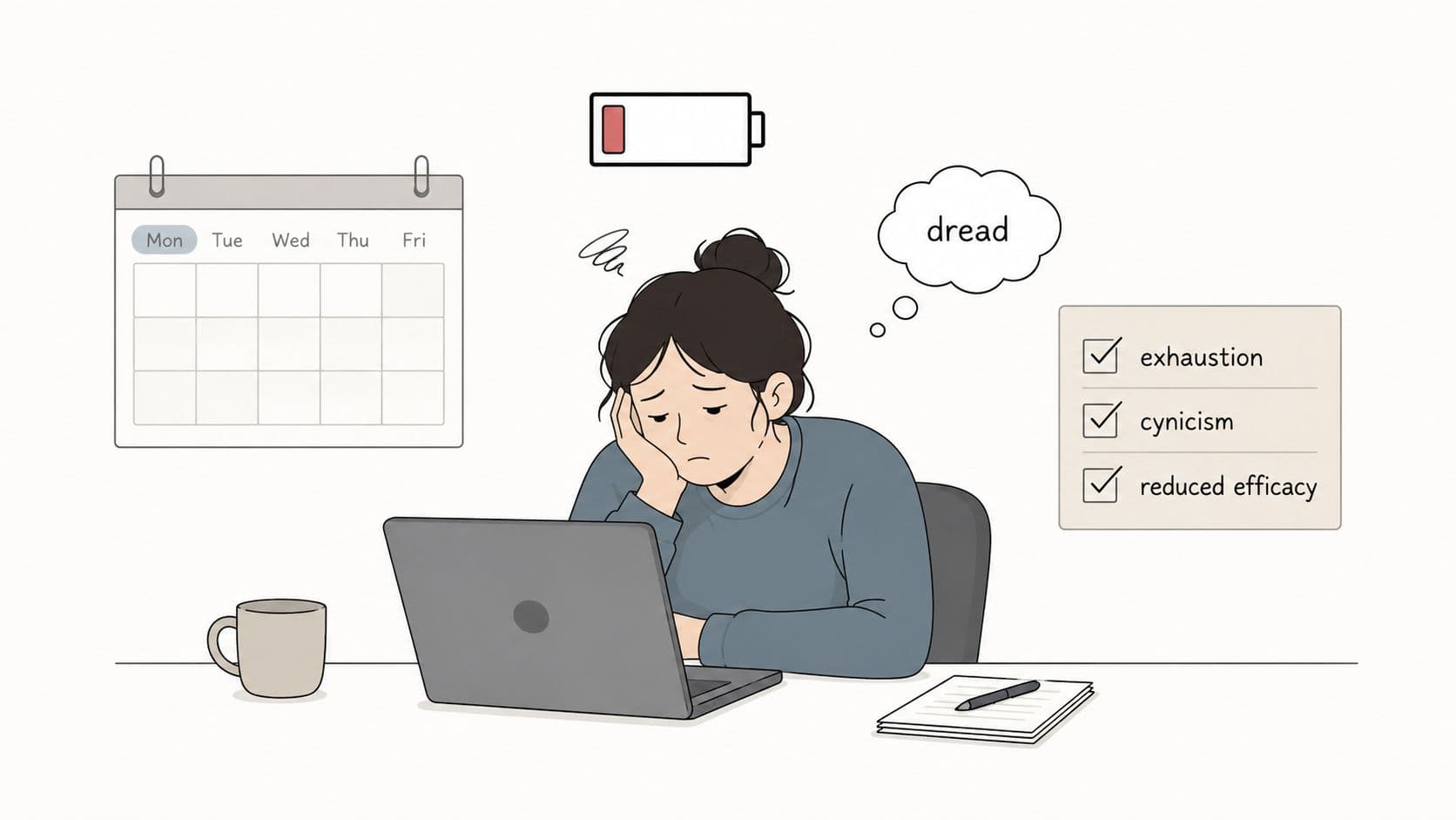 An illustration of a stressed person at a computer suffering from burnout, exhaustion, and feeling dread.