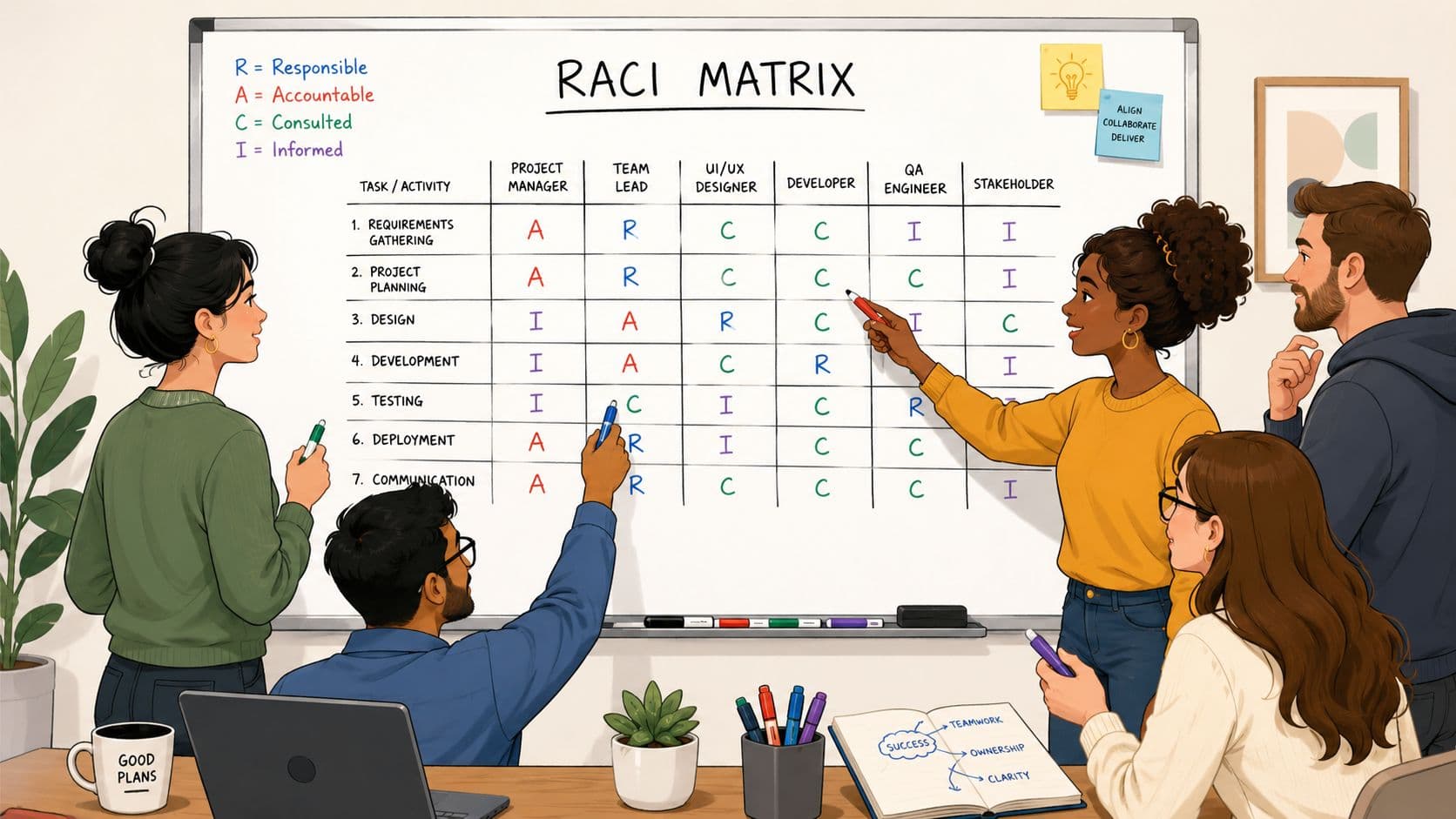 A diverse team of professionals collaboratively working on a RACI matrix on a large whiteboard.