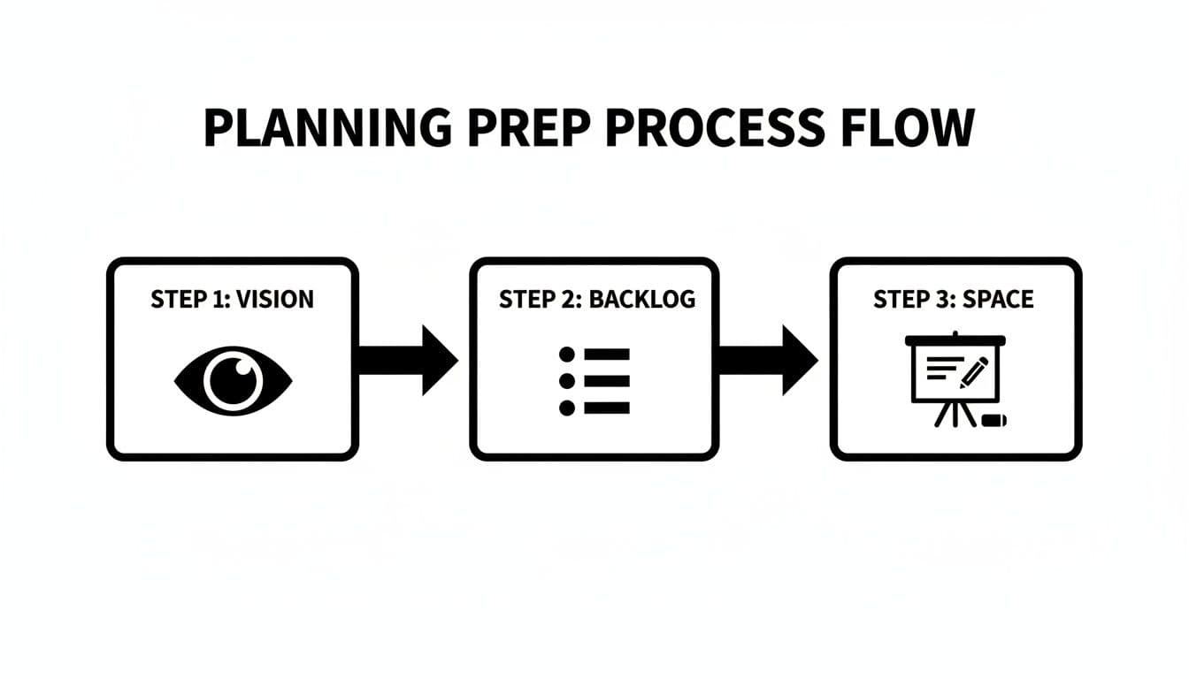 A planning preparation process flow chart outlining three steps: vision, backlog, and space.